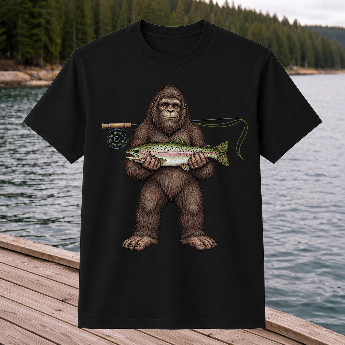 Bigfoot Holding Rainbow Trout Fly Fishing Graphic T-Shirt