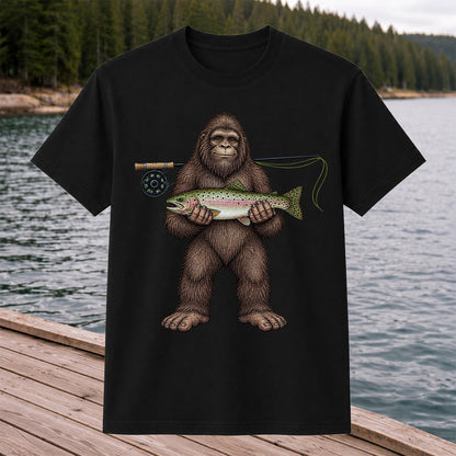 Bigfoot Holding Rainbow Trout Fly Fishing Graphic T-Shirt