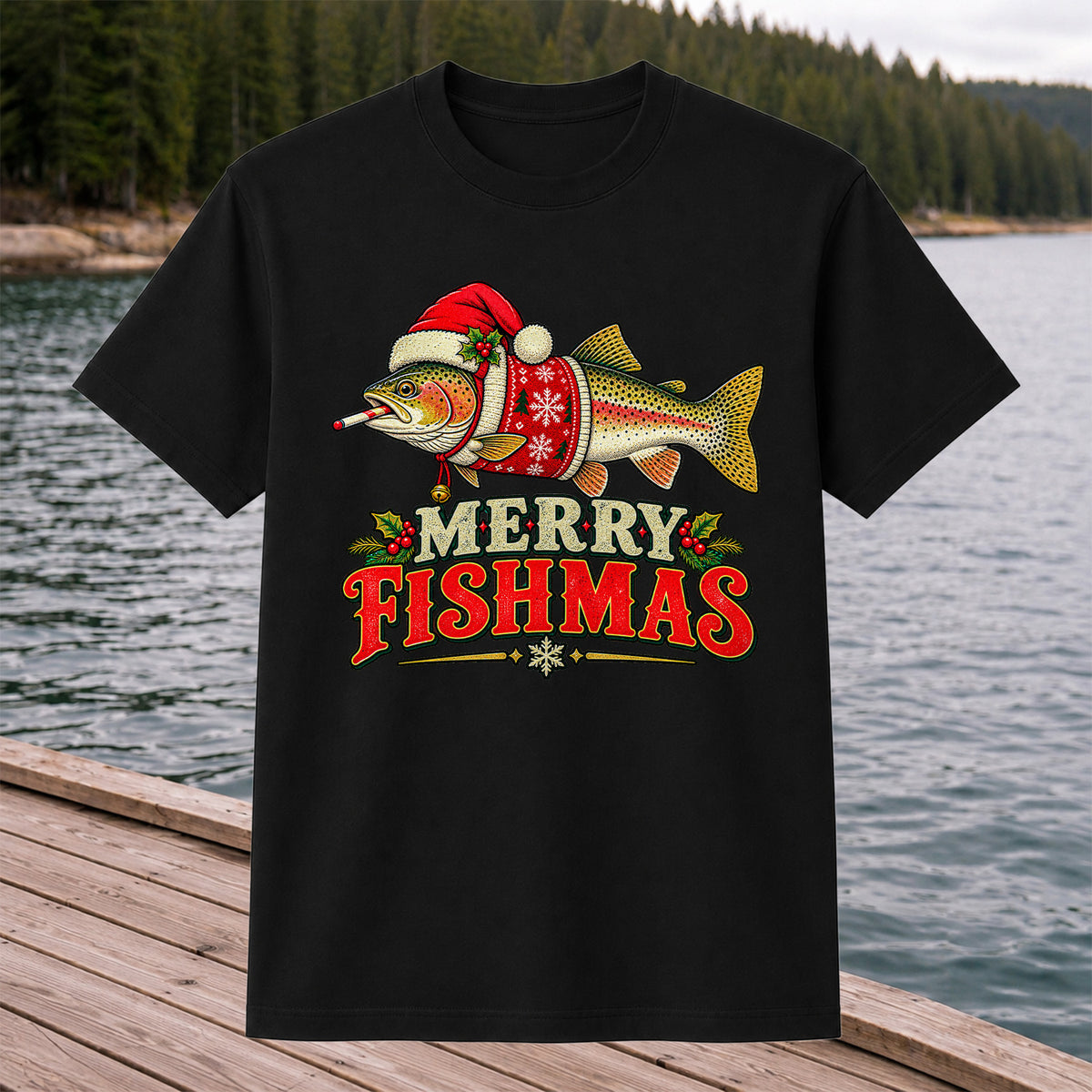 Christmas Trout Santa Fishing Graphic T-Shirt