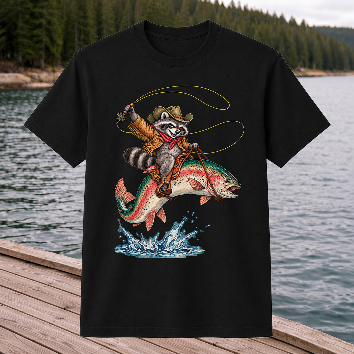 Cowboy Raccoon Riding a Rainbow Trout Fishing Graphic T-Shirt