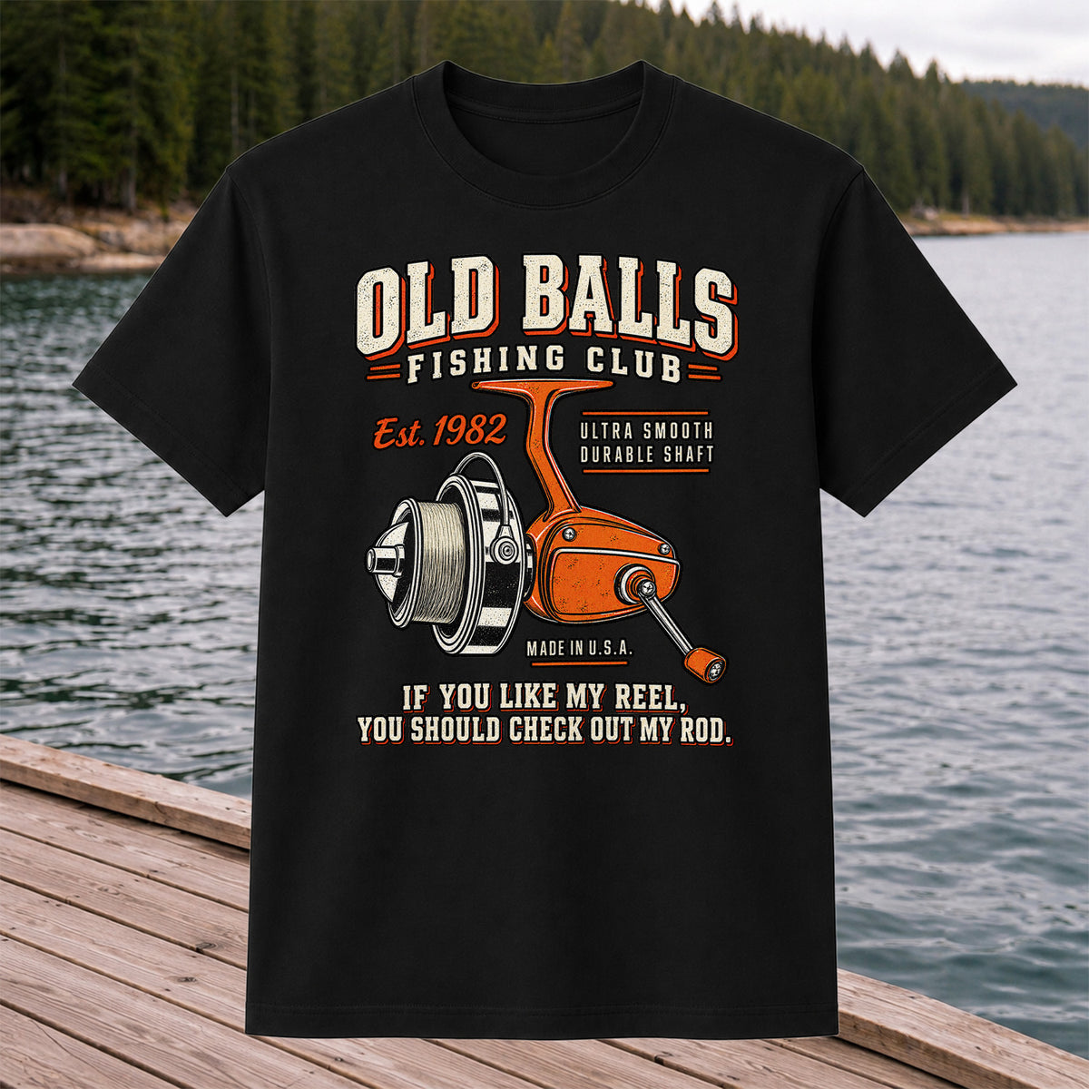 Old Balls Fishing Club Vintage Spinning Reel Graphic T-Shirt