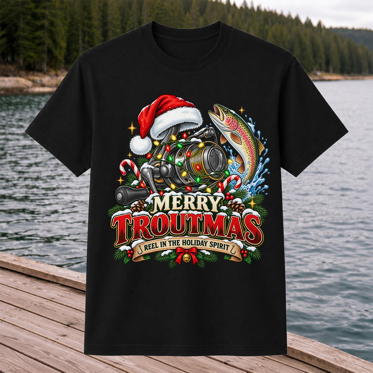 Merry Troutmas Reel in the Holiday Spirit Rainbow Trout and Fishing Reel T-Shirt