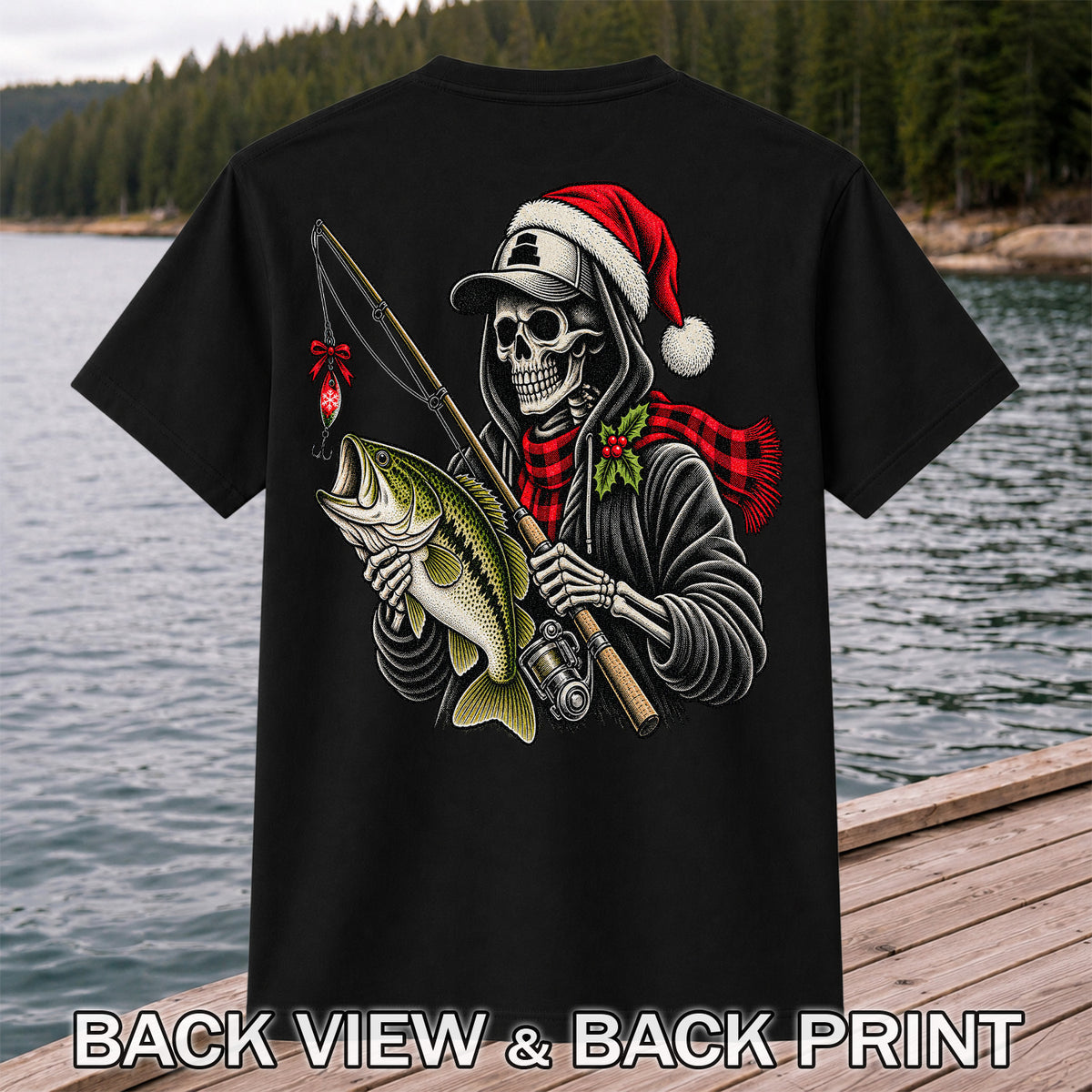 Christmas Skeleton Angler with Santa Hat and Bass Fishing T-Shirt | Back Print