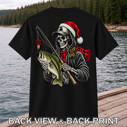 Christmas Skeleton Angler with Santa Hat and Bass Fishing T-Shirt | Back Print