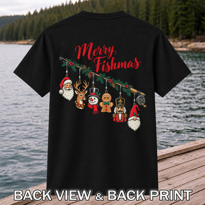 Christmas Fishing Rod Ornaments Holiday Graphic T-Shirt | Back Print