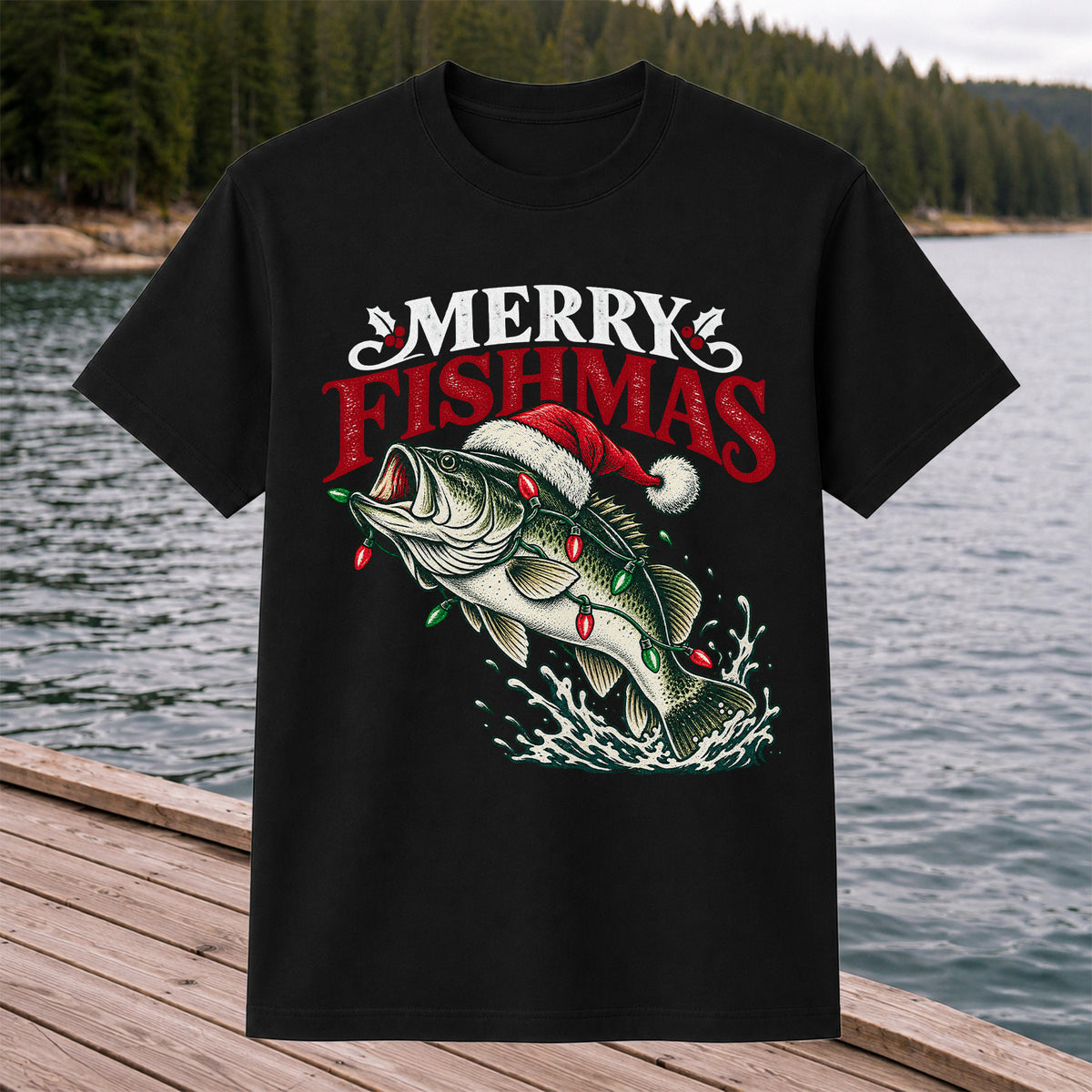 Christmas Bass Fishing Graphic T-Shirt with Santa Hat