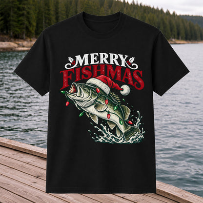 Christmas Bass Fishing Graphic T-Shirt with Santa Hat
