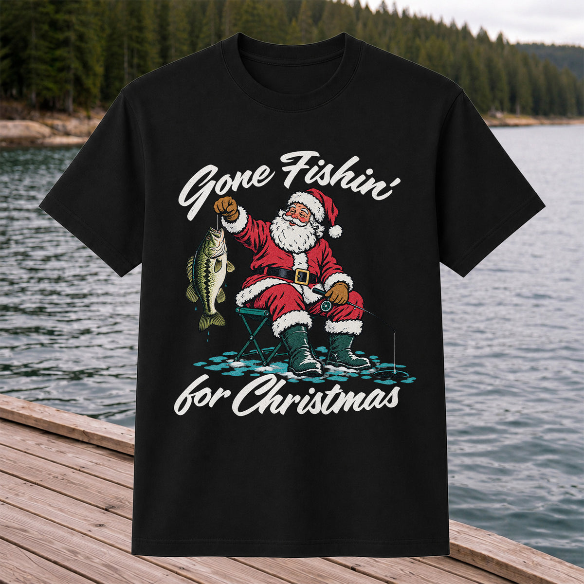 Santa Fishing with Bass Christmas Graphic T-Shirt