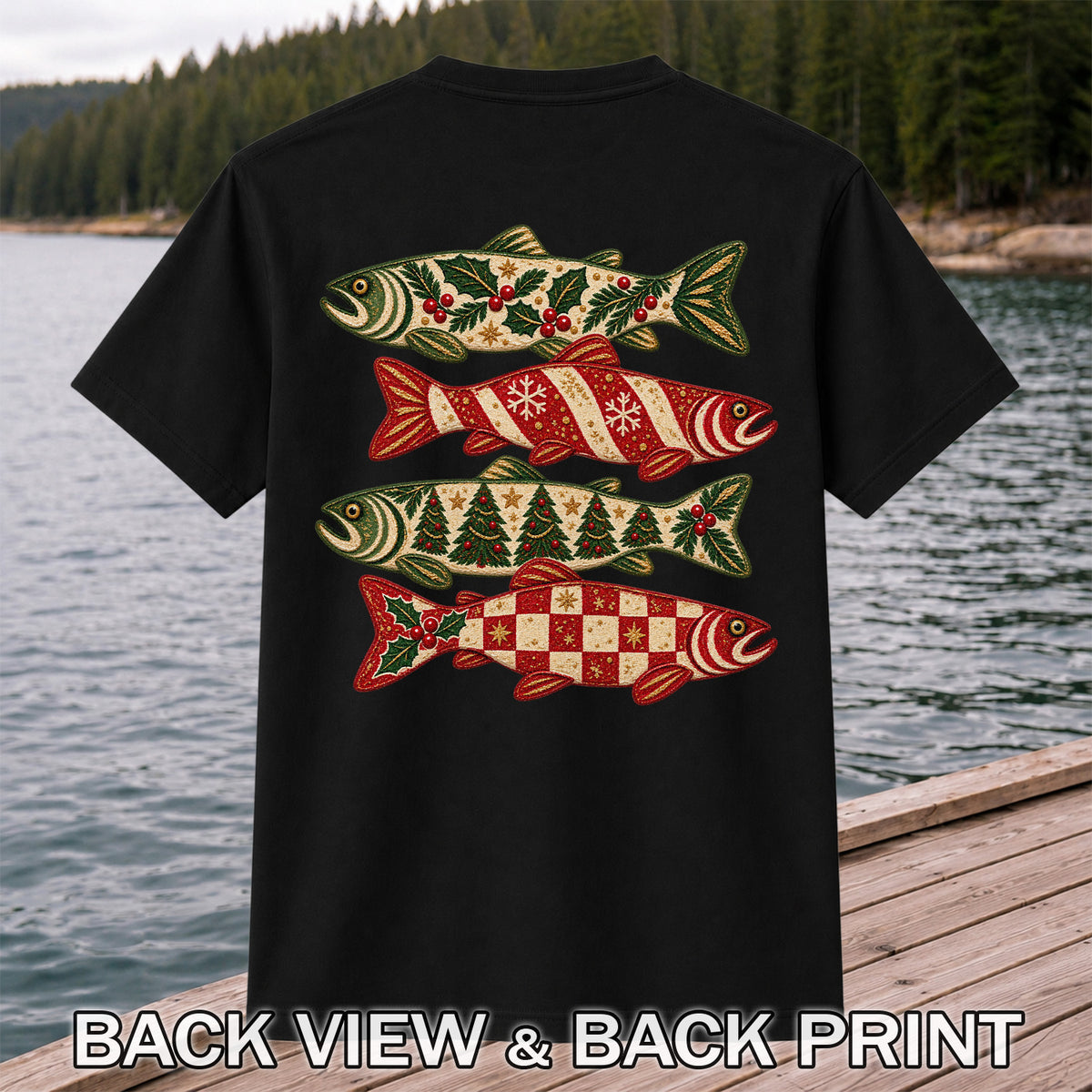 Christmas Trout Holiday Pattern Fishing Graphic T-Shirt | Back Print