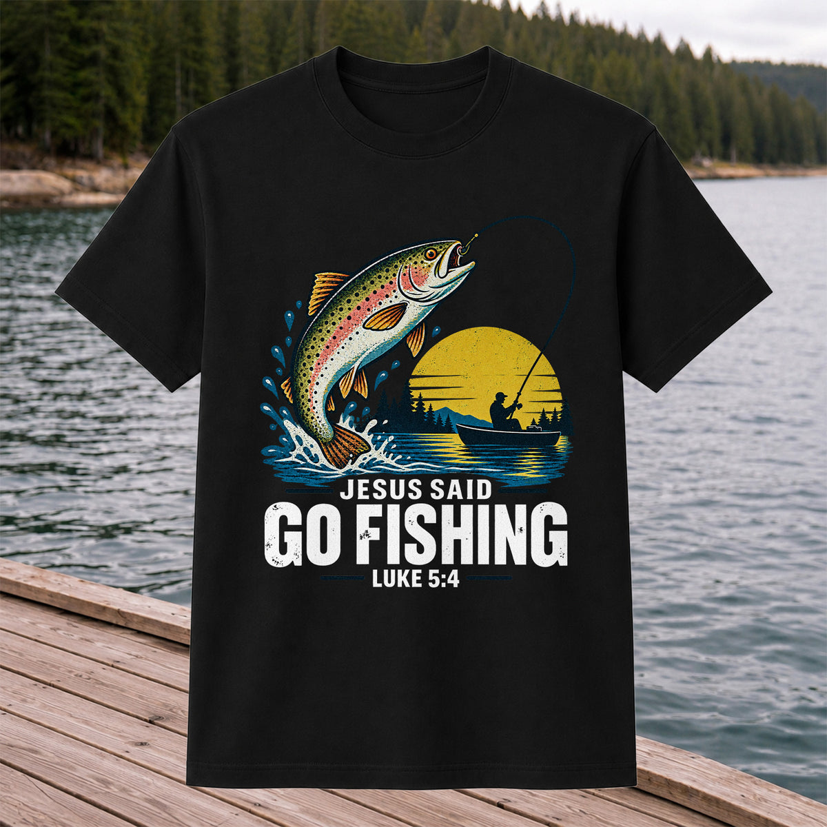 Jesus Said Go Fishing Luke 5:4 Rainbow Trout T-Shirt