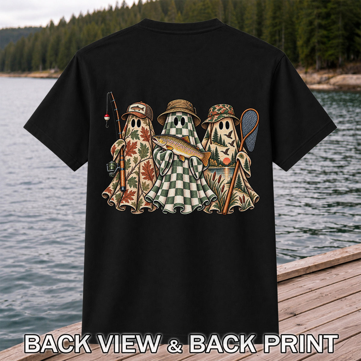 Autumn Ghost Trio with Brown Trout Halloween Fishing T-Shirt | Back Print