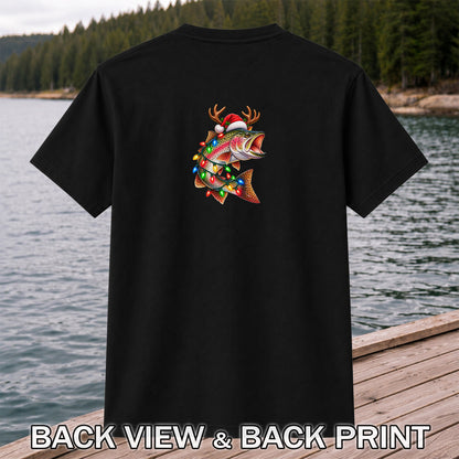 Christmas Rainbow Trout with Santa Hat, Antlers and Holiday Lights Fishing T-Shirt | Back Print