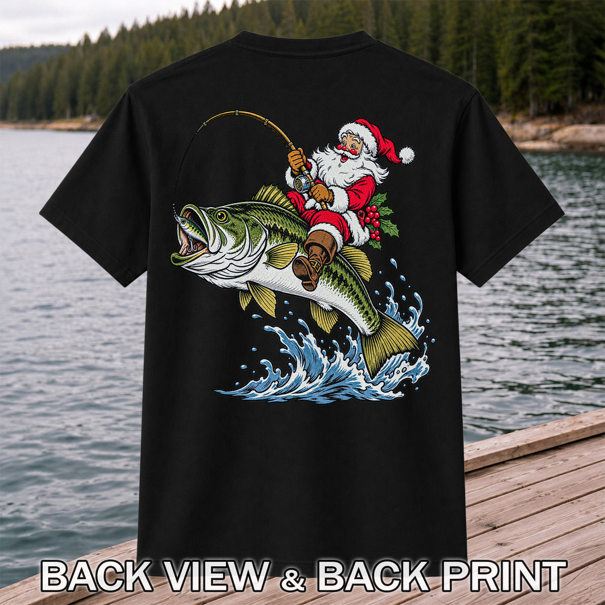Santa Claus Riding a Bass Christmas Fishing Graphic T-Shirt | Back Print