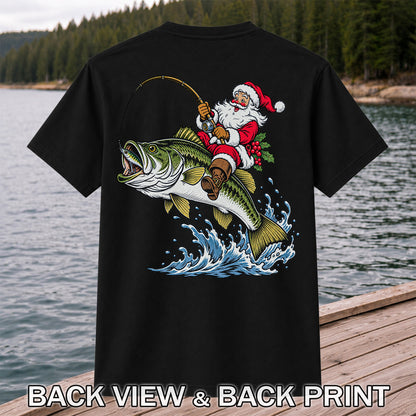 Santa Claus Riding a Bass Christmas Fishing Graphic T-Shirt | Back Print
