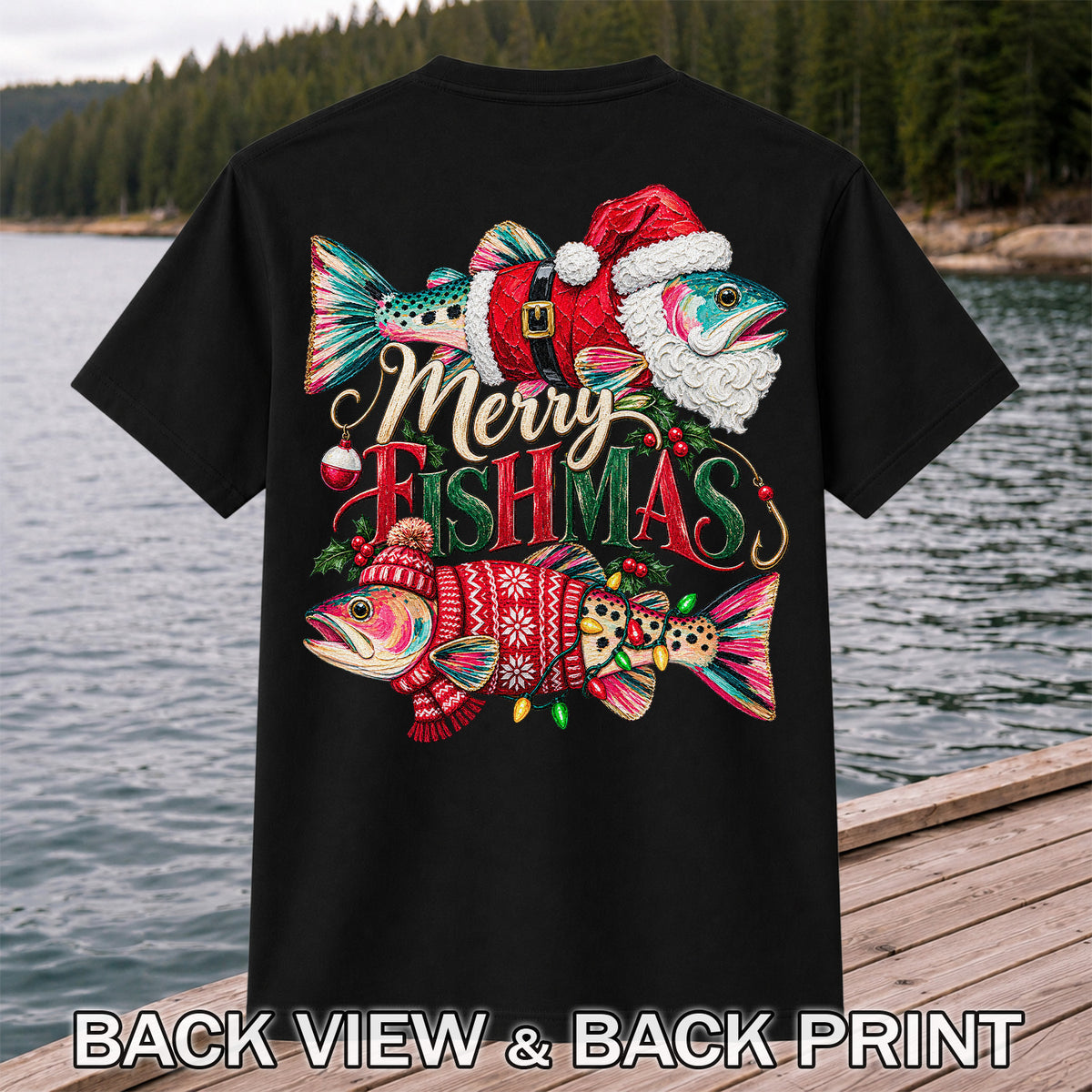 Merry Fishmas Santa Fish Christmas Fishing Graphic T-Shirt | Back Print