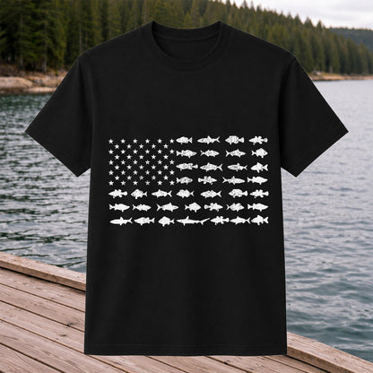 American Flag Made of Fish Silhouettes Fishing Graphic T-Shirt