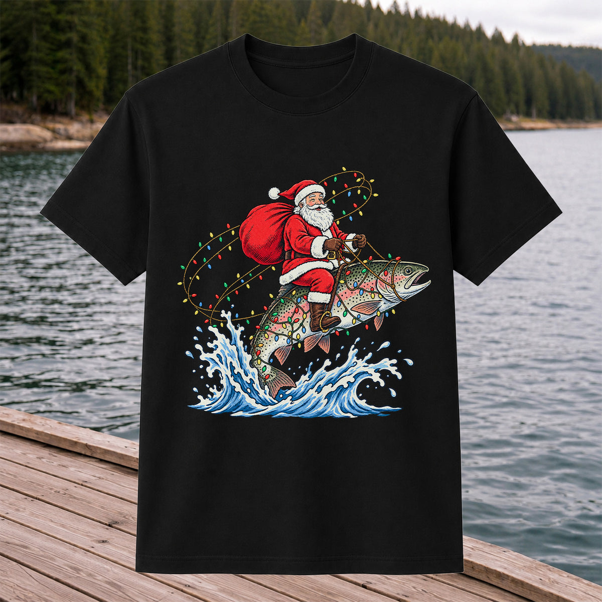 Santa Riding a Christmas-Lighted Rainbow Trout Fishing Graphic T-Shirt