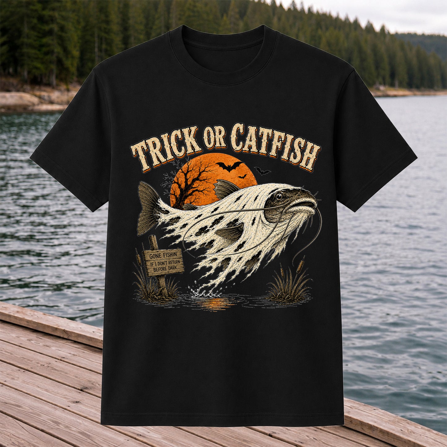 Trick or Catfish Halloween Fishing T-Shirt, Vintage Trout Angler Tee
