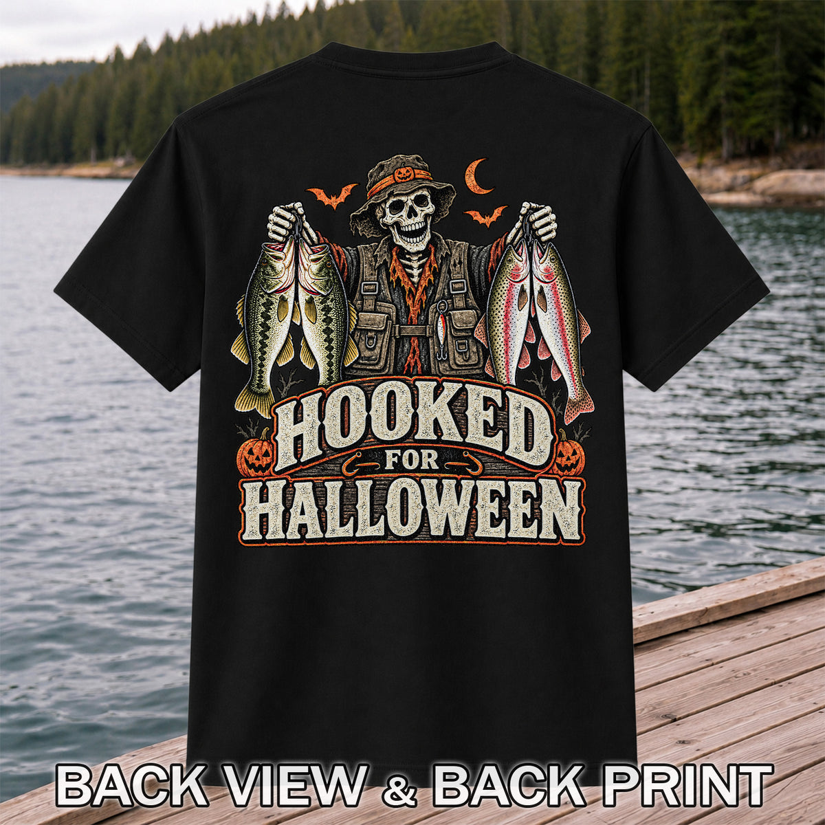 Hooked for Halloween Skeleton Angler with Bass and Trout Fishing T-Shirt | Back Print