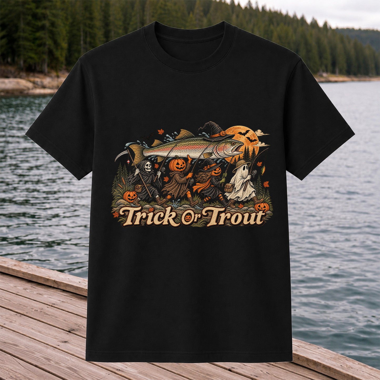Trick or Trout Spooky Angler Parade Halloween Fishing T-Shirt