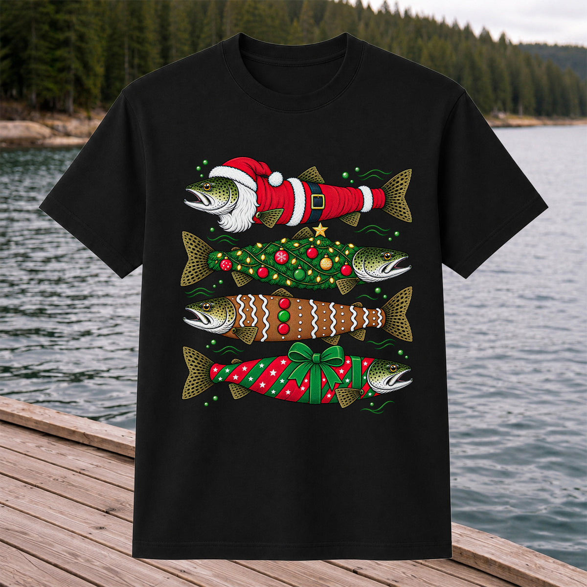 Christmas Trout Santa Tree and Gift Wrap Fishing T-Shirt