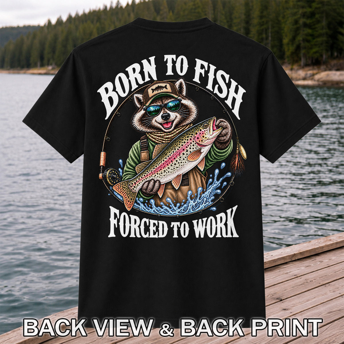 Born to Fish Forced to Work Raccoon Rainbow Trout T-Shirt | Back Print
