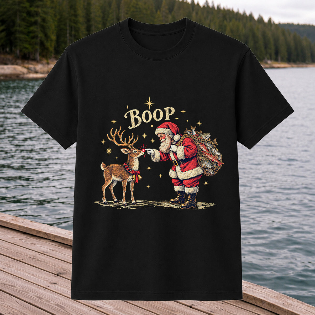 Santa and Reindeer Fishing Christmas Graphic T-Shirt