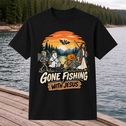 Gone Fishing with Jesus Skeleton Ghost and Pumpkin Halloween Fishing T-Shirt