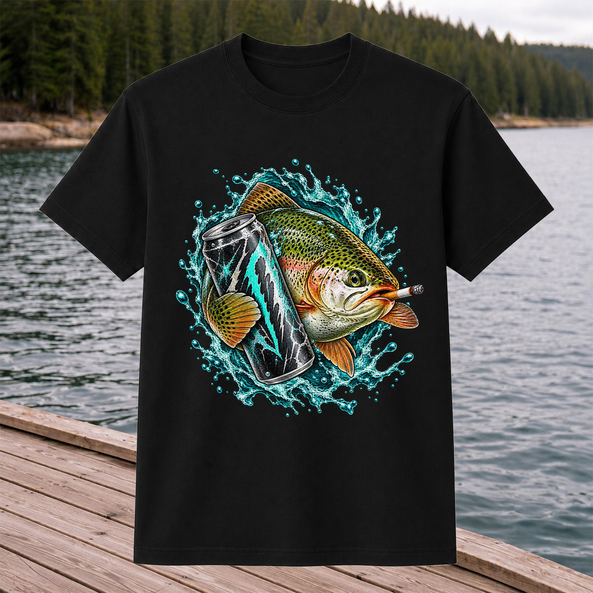 Rainbow Trout with Cigarette and Energy Drink Fishing T-Shirt