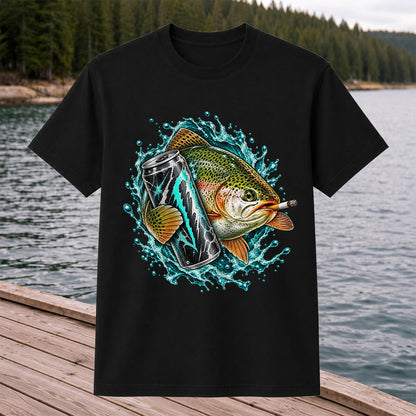 Rainbow Trout with Cigarette and Energy Drink Fishing T-Shirt