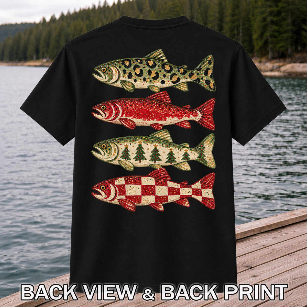 Four Seasonal Trout Patterns Christmas Fishing Graphic T-Shirt | Back Print