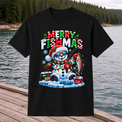 Merry Fishmas Gone Fishing Snowman and Rainbow Trout Ice Fishing Christmas T-Shirt