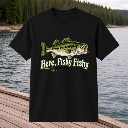 Here Fishy Fishy Funny Largemouth Bass Fishing Graphic T-Shirt