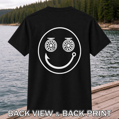 Fishing Reel Eyes Smiley Face Minimalist Graphic T-Shirt | Back Print