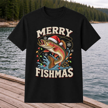 Merry Fishmas Santa Hat Rainbow Trout Fishing T-Shirt