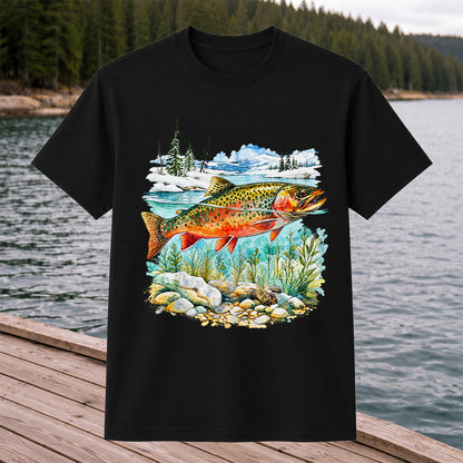 Brown Trout in Mountain River Watercolor Fishing Graphic T-Shirt