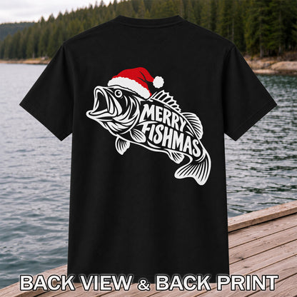 Santa Hat Fish Christmas Fishing Graphic T-Shirt | Back Print