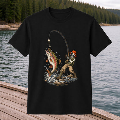Skeleton Angler Catching Trout Dark Humor Fishing T-Shirt