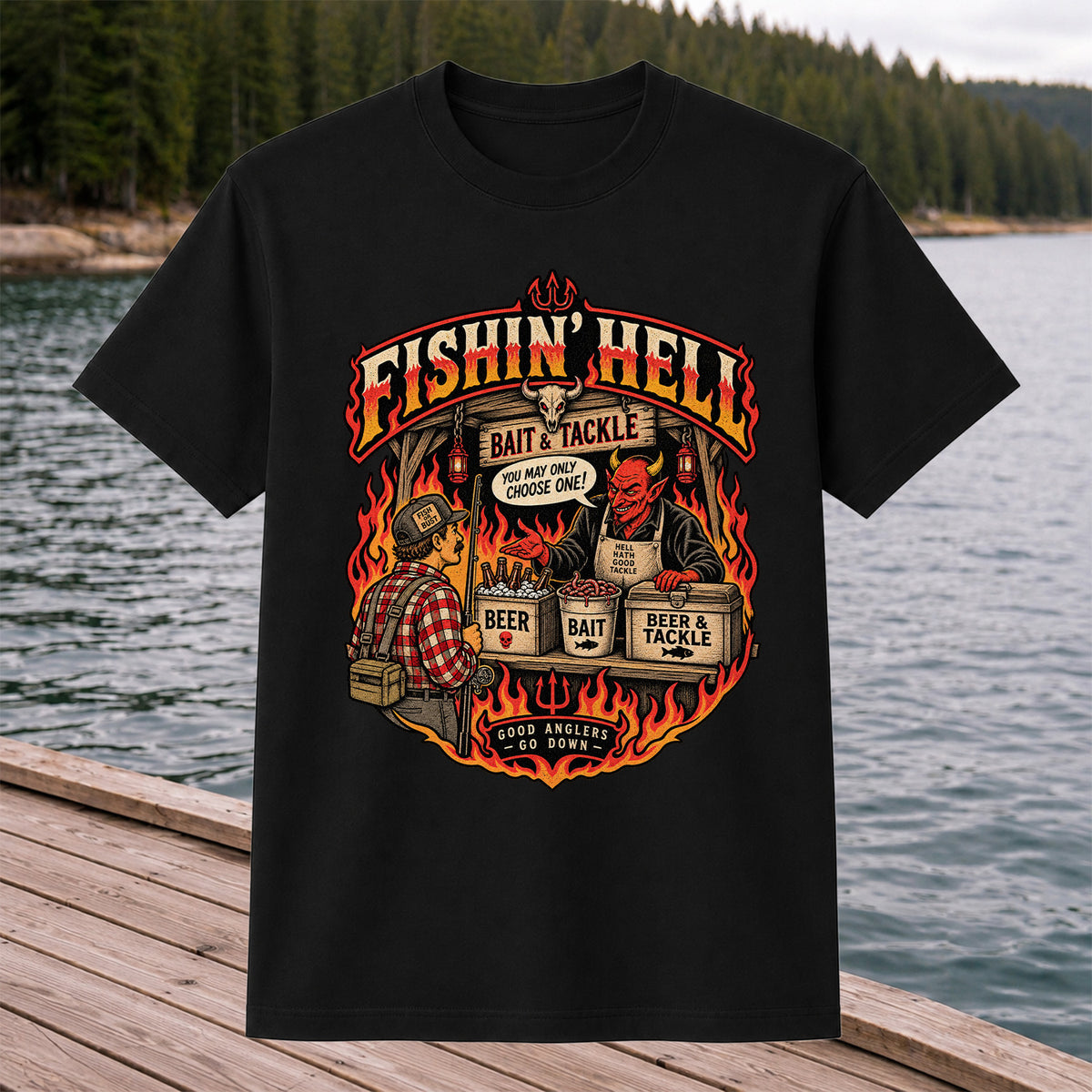 Fishin' Hell Devil Bait and Tackle Funny Fishing T-Shirt