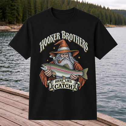 Hooker Brothers Here Lies the Catch Wizard Trout Fishing T-Shirt