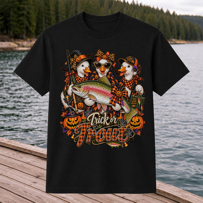 Trick or Trout Halloween Ducks with Rainbow Trout and Pumpkins Fishing T-Shirt