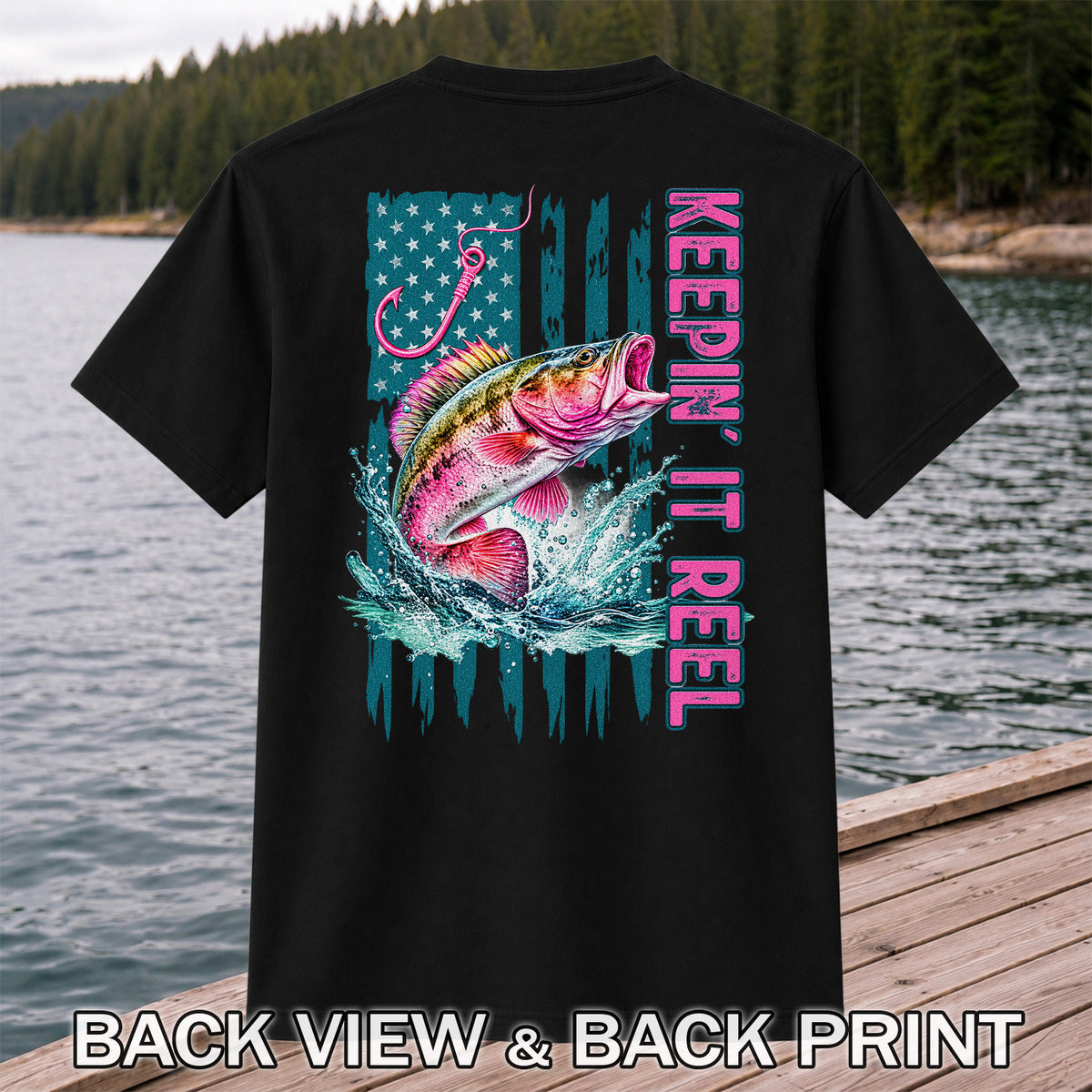 Keepin' It Reel Bass Fishing American Flag Graphic T-Shirt | Back Print