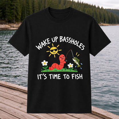 Wake Up Bassholes Funny Worm and Bass Fishing Graphic T-Shirt