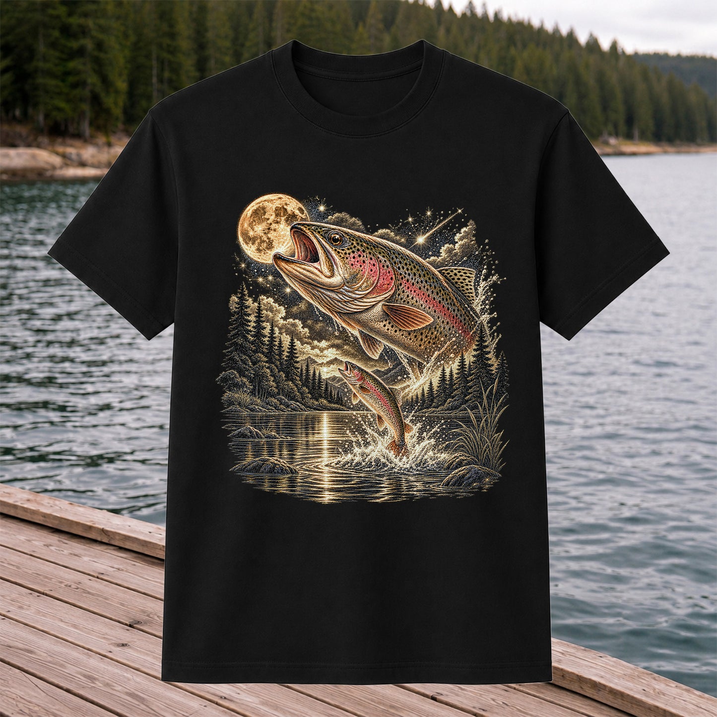 Moonlit Rainbow Trout Jumping from Mountain Lake Graphic T-Shirt