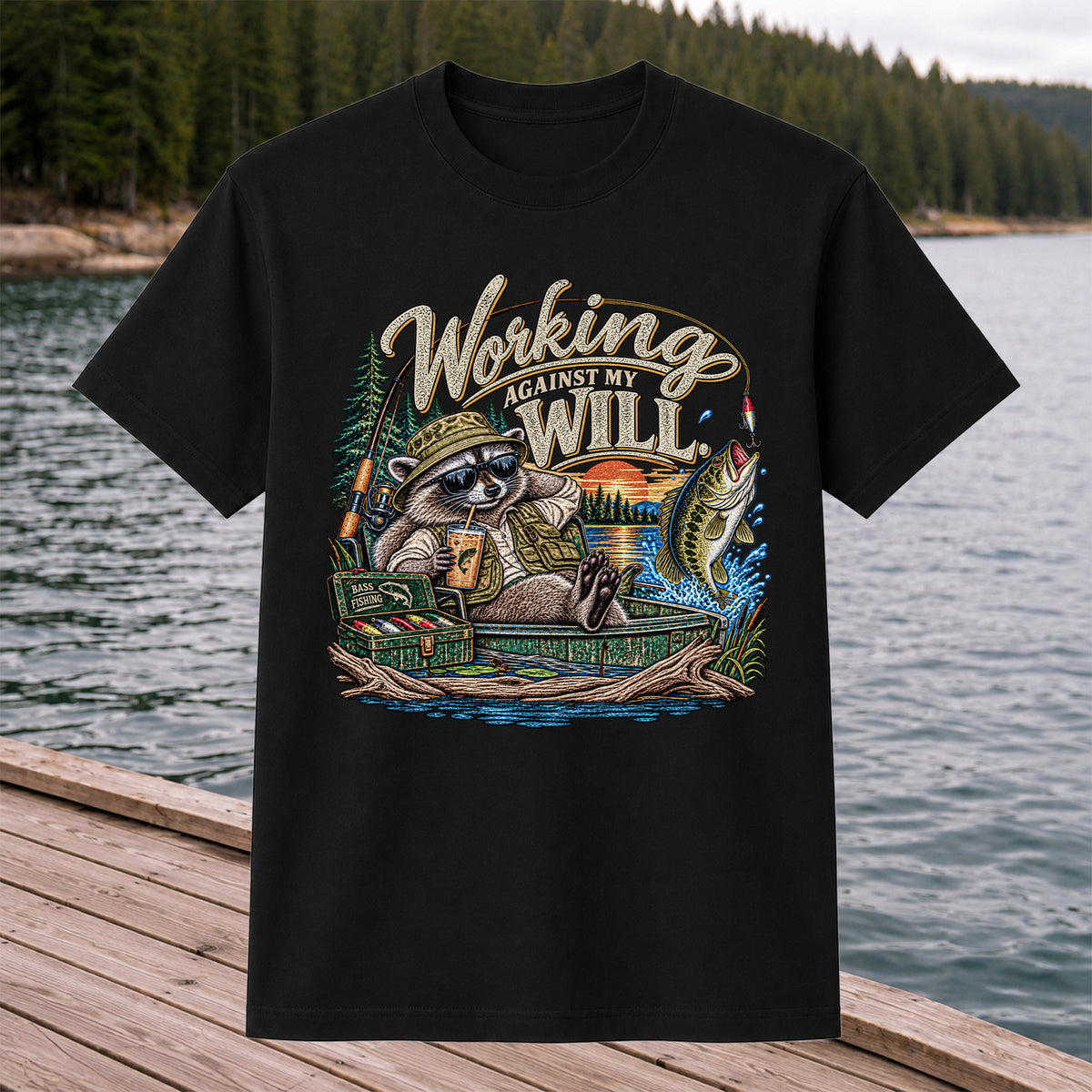 Working Against My Will Raccoon Bass Fishing T-Shirt