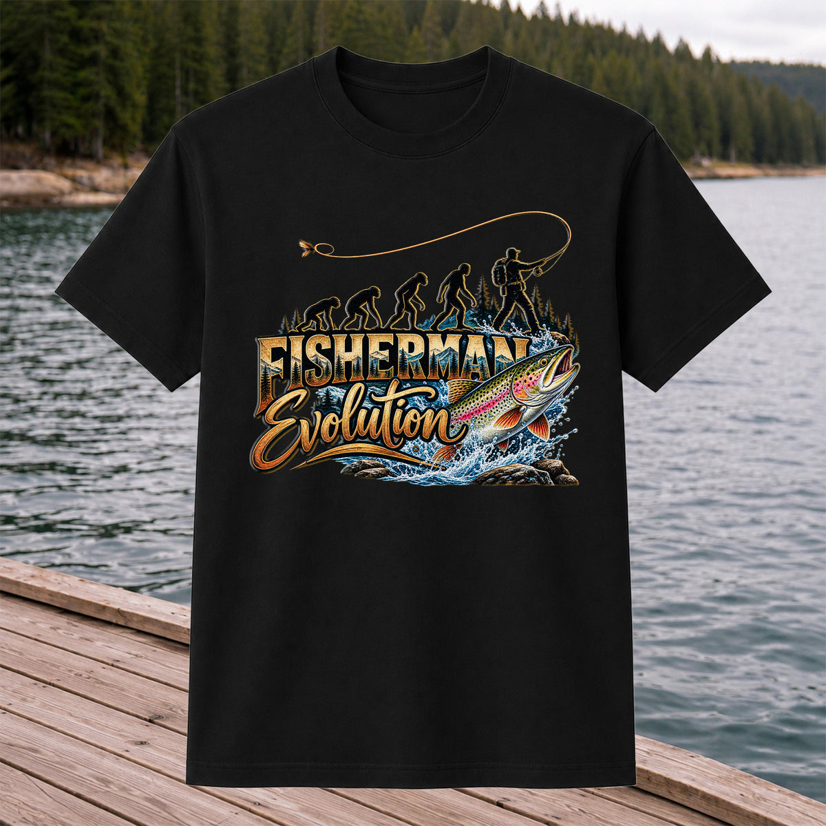 Fisherman Evolution Rainbow Trout Fly Fishing Graphic T-Shirt