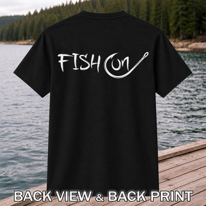 Fish On Fishing Hook Minimalist Graphic T-Shirt | Back Print