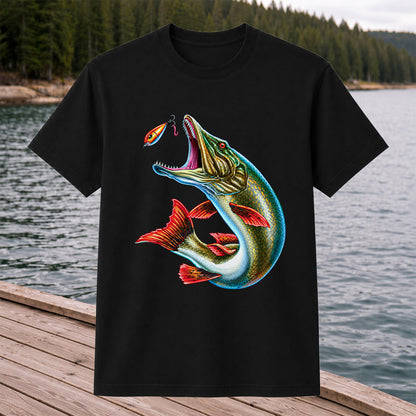 Northern Pike Chasing Fishing Lure Graphic T-Shirt