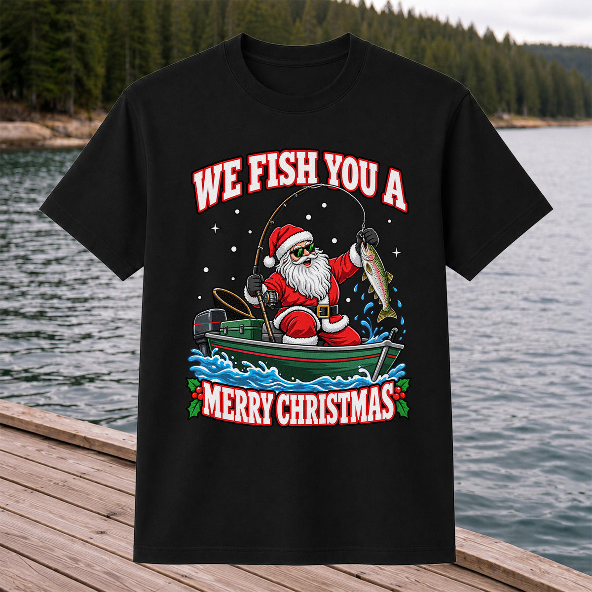 We Fish You a Merry Christmas Santa and Rainbow Trout Fishing T-Shirt