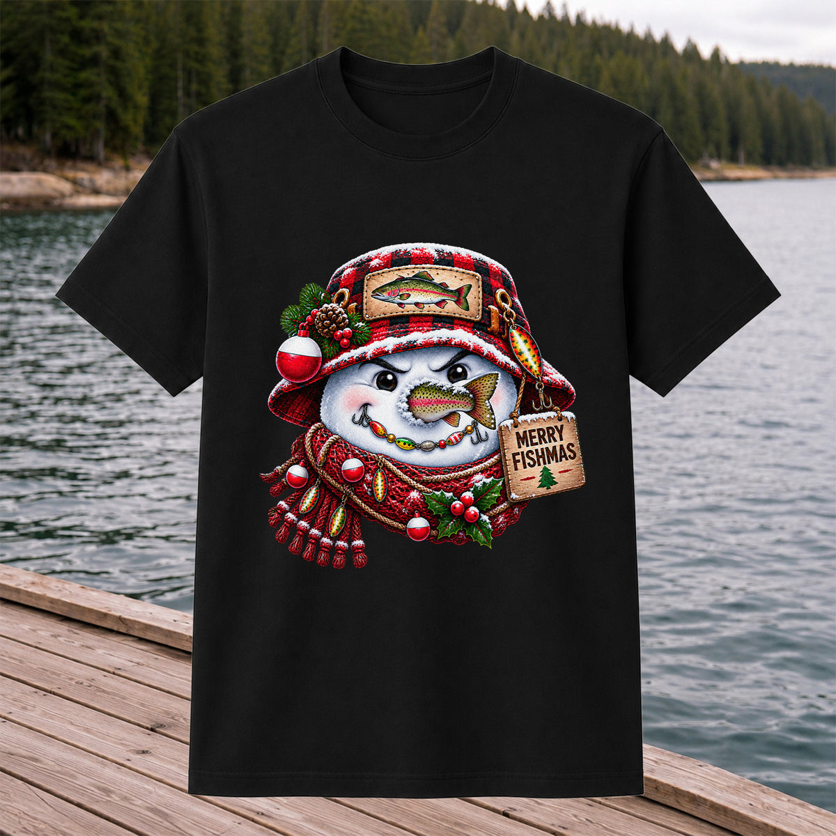 Merry Fishmas Snowman with Rainbow Trout Christmas Fishing T-Shirt